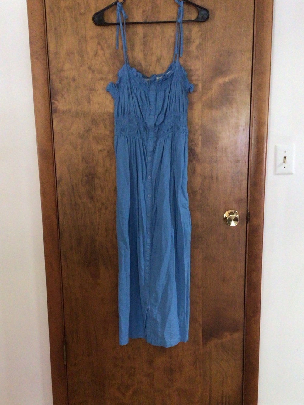 Blue Maxi Sundress with Button Front and Tie Straps
